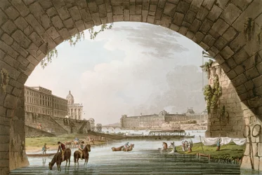 Panorama del Río Sena visto desde debajo del Pont Neuf mirando al Oeste hacia el Louvre, La Monnaie y el Colegio de Cuatro Naciones, ilustración para 